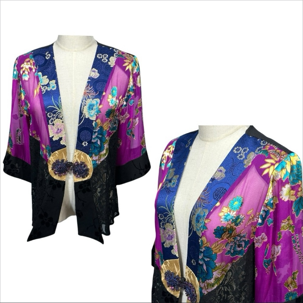 VTG Spencer Alexis Asian Inspired Silk Blend Floral Lace Boho Kimono Jacket Sz M